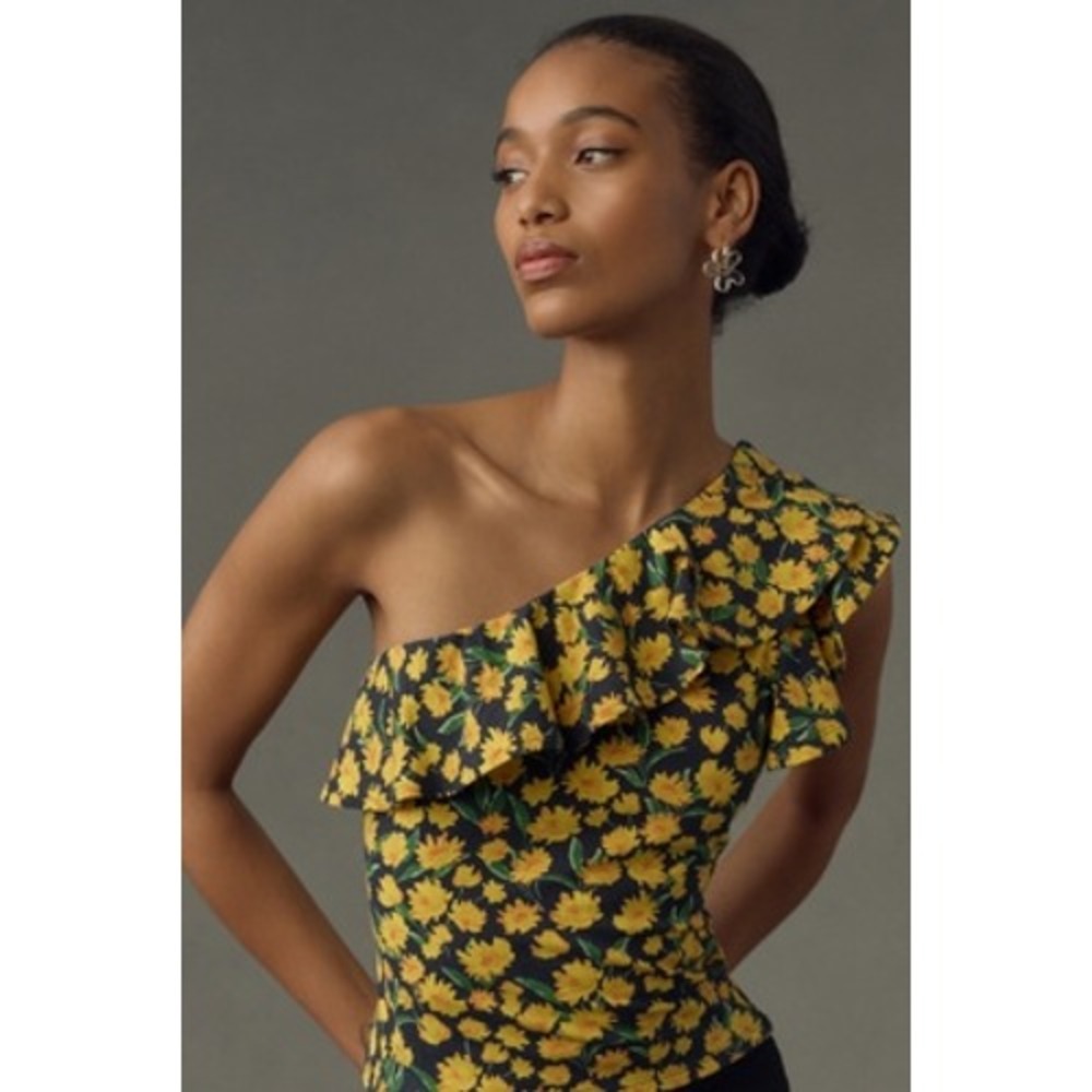 Anthropologie Maeve One-Shoulder Ruffle Floral Top Black Yellow Medium
